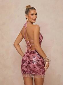 Lumalex Vestido con cuello de halter, cintura con lazo y dobladillo con flecos con detalles bordados y lentejuelas para mujer - Rosa - Ver 6