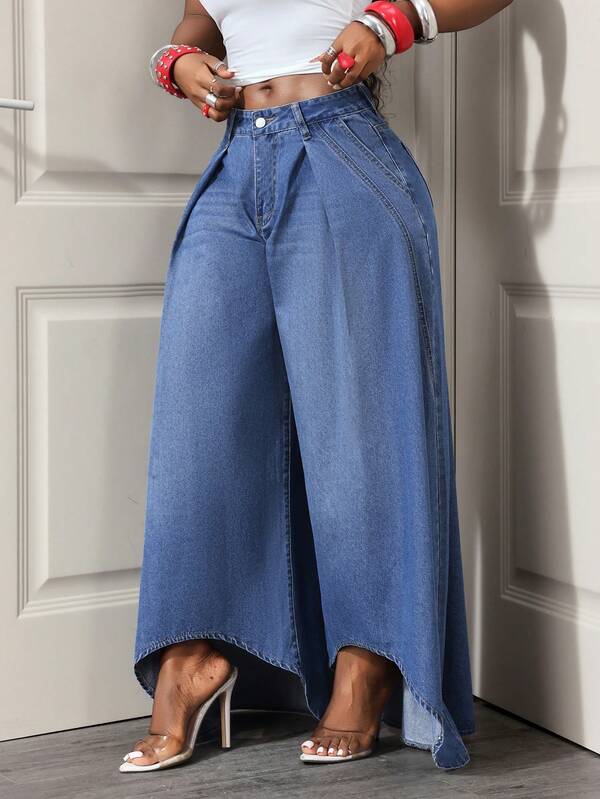 Slaydiva Quần jeans nữ ống rộng, màu trơn, vạt bất đối xứng, kiểu dáng thường ngày.