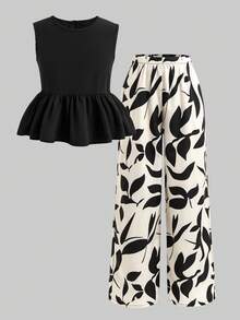 Conjunto de 2 piezas de camiseta y pantalones para niñas preadolescentes, sin mangas con volantes en la espalda e impresión de mariposa, atuendo de verano casual - Multicolor - Ver 5