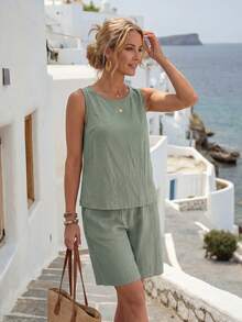 Faunlyn Women's Solid Color Round Neck Tank Top And Shorts Casual 2 Pieces Set - Green - View 4