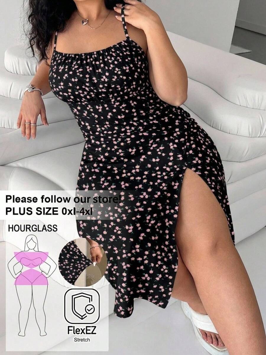 SHEIN EZwear 大码女式夏季碎花开衩休闲吊带裙 - 彩色 - 查看 1