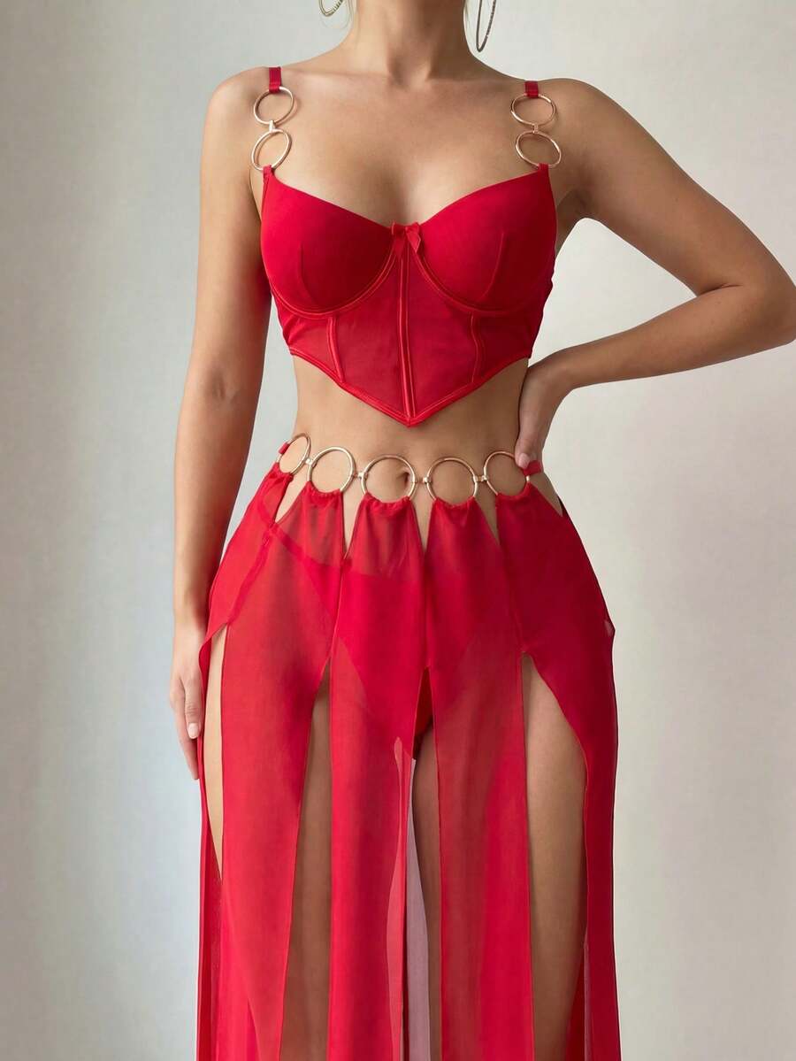 Spicy Aura Set Lingerie Seksi Wanita 3pcs/Set (Dengan Kawat Penyangga, G-String, Rok Mini) - Merah - View 1