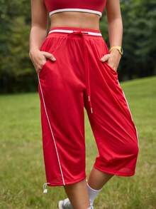 SHEIN Sports 女士撞色抽绳直筒宽松休闲夏季短裤 - 紅色 - 查看 4