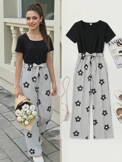 SHEIN Bộ jumpsuit phong cách tối giản, thời trang ngoài trời, kẻ sọc đen và họa tiết da báo dành cho thanh thiếu niên, thích hợp cho kỳ nghỉ hè.