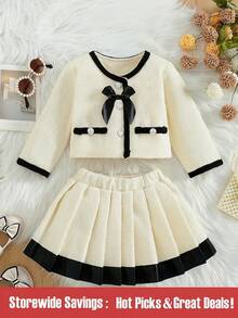 SHEIN طقم تصميم الفيونكة للأطفال البنات بسترة أنيقة طويلة الأكمام وتنورة مكرمشة باللون المتباين، مناسب للحفلات والمناسبات في فصلي الربيع والخريف قطعتان - لون مشمشي - مشاهدة 1