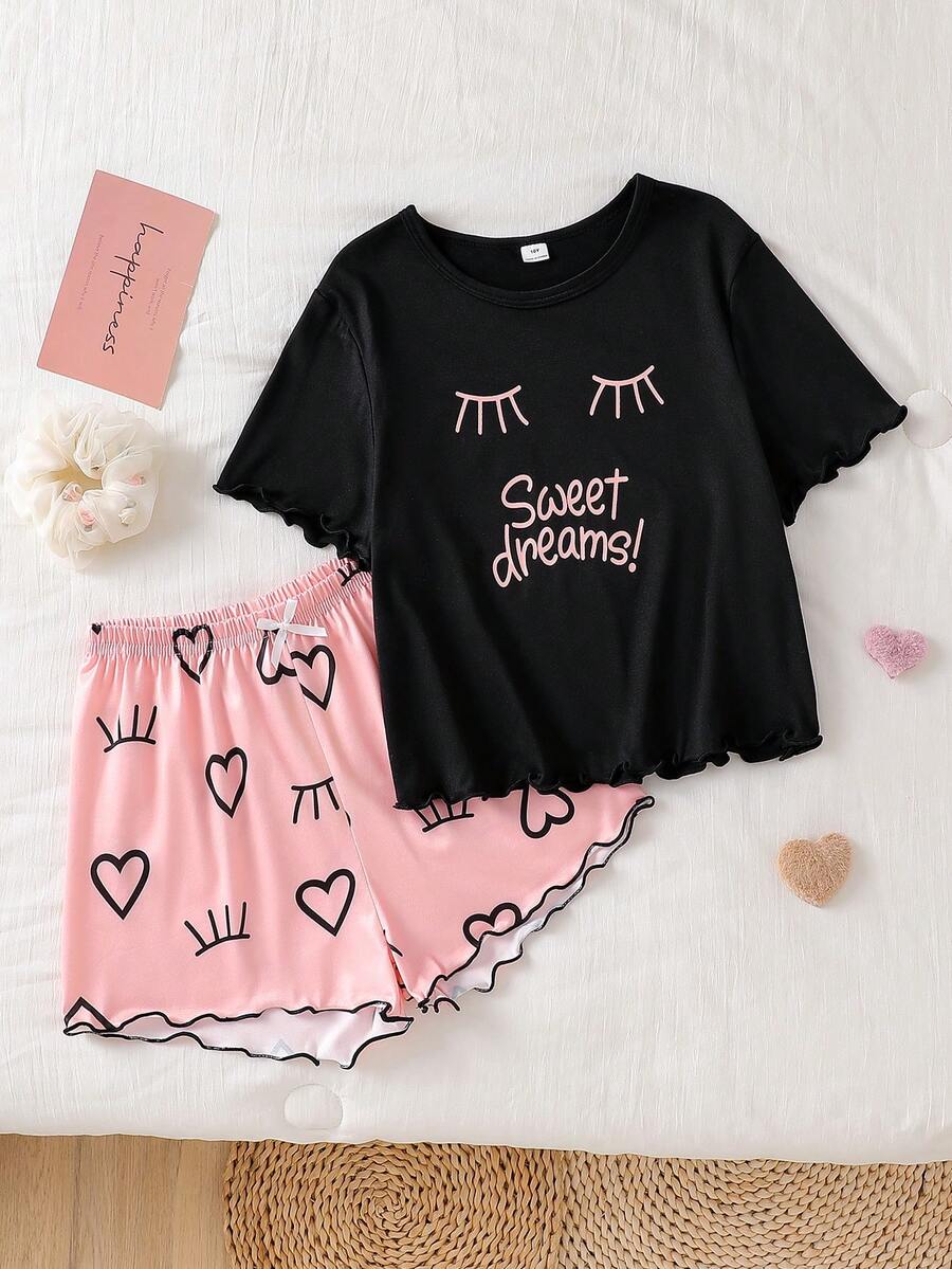 SHEIN 6件套女童豹纹嘴唇印花上衣、牛油果印花长裤、卡通熊印花短裤套装、休闲睡衣 - 黑色 - 查看 1