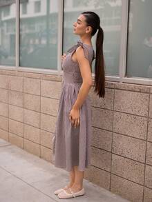 Andrea Bello Casual Plaid Cinched Waist Ruched Fitted Dress Elegant Summer - Coffee - View 4