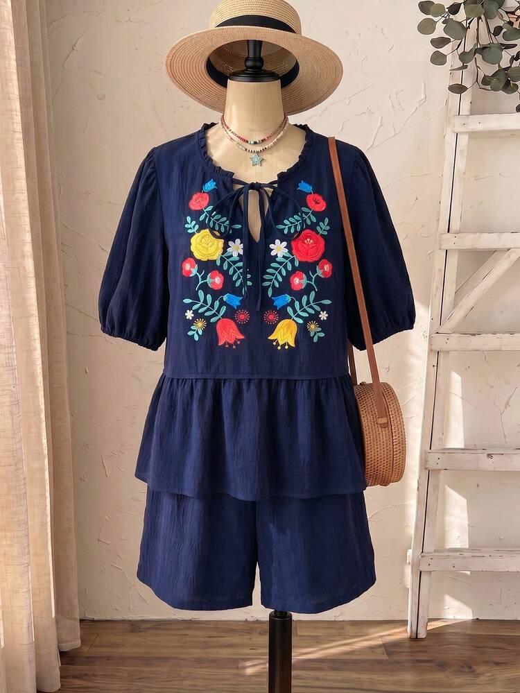 Plus Size Women's Summer Beach Vacation Floral Embroidery Twist Cutout Neck Petal Sleeve Ruffle Hem Top And Shorts 2 Piece Set Beach Outfit For Women