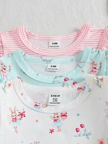 SHEIN Kaos Anak Perempuan Motif Garis Ungu Lembut, Pola Pita 3D, Leher Bulat, Lengan Pendek, Kasual, Sederhana, Serbaguna, 1 buah, Cocok untuk Pemakaian Sehari-hari Musim Semi/Panas. - MultiWarna - View 8