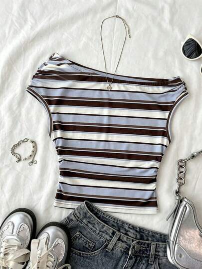 Attitoon Women's Blue-White-Brown Striped Tight Asymmetric Ruched Cropped Top – Casual Minimalist Retro Punk Y2K Style, Versatile Summer Top For Music Festivals, Gothic & Western Festival Outfits, Sweet Dates,