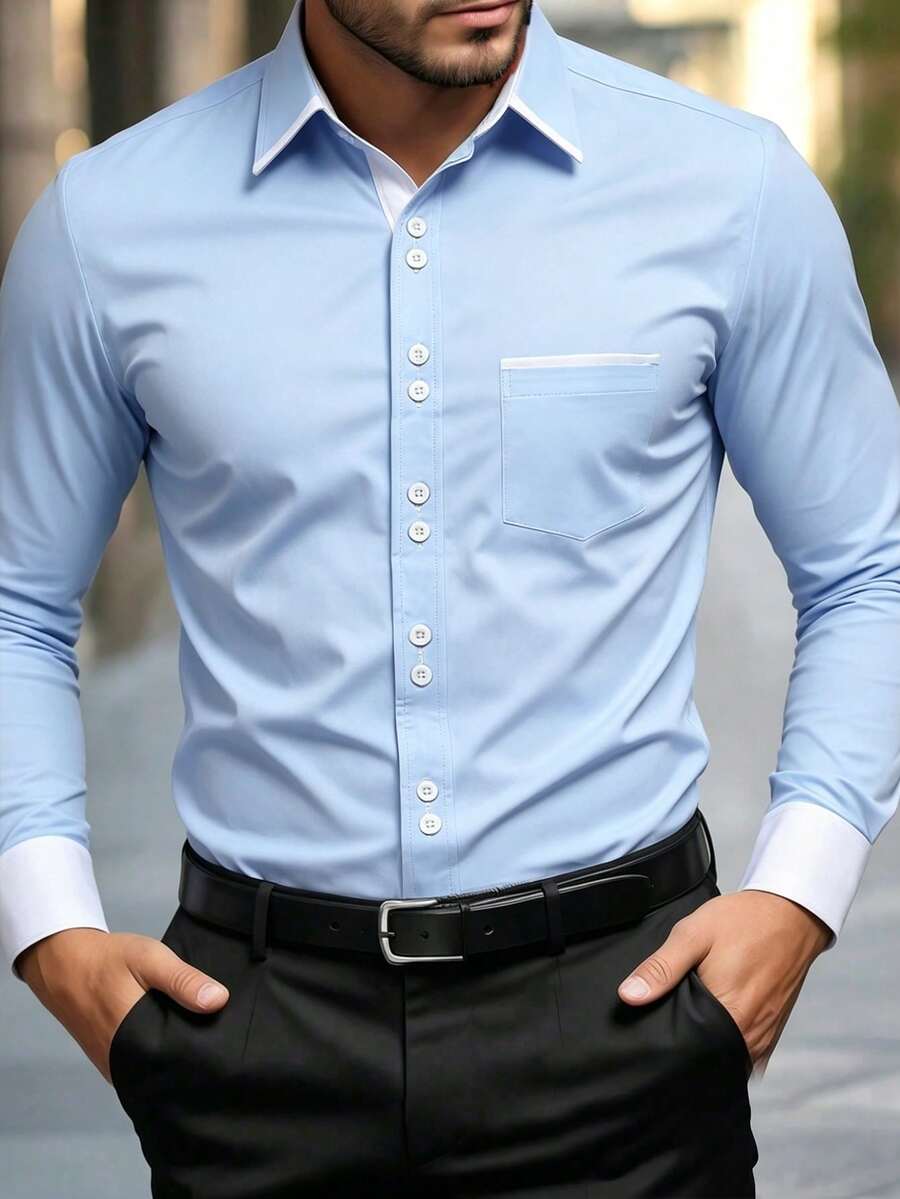 Manfinity Mode Áo sơ mi nam dài tay phối màu thời trang, thích hợp cho mùa thu, các buổi lễ. - Xanh và trắng - Xem 1