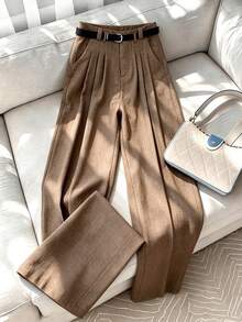 SHEIN Franclia Pantalones anchos casuales y sueltos con bolsillos para mujeres, con decoración de cinturón en la cintura, diseñados para mujeres, adecuados para negocios, oficina, uniforme de maestro, uso casual versátil de moda, pantalones anchos para ir y venir, aptos para primavera, verano y otoño - Marrón - Ver 7