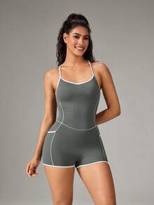 OutZeal Romper Women Sports Jumpsuits Gym Workout Fitness Pilates Clothes Bra-In Removable Pads - Army Green - View 6