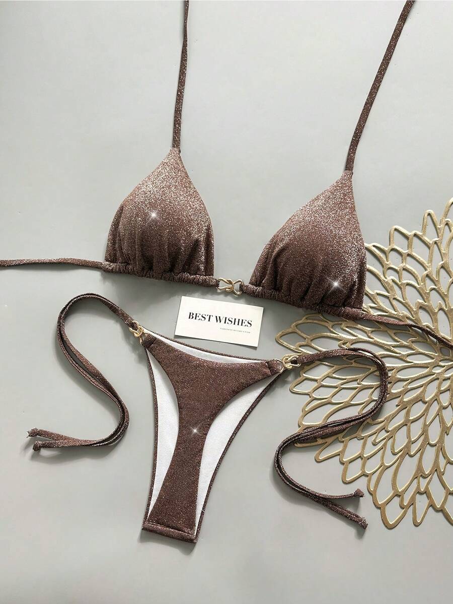 Swim Vcay Women's Solid Color Shiny Fabric Spaghetti Strap Metal Decor Beach Vacation Bikini Set - Brown - View 1