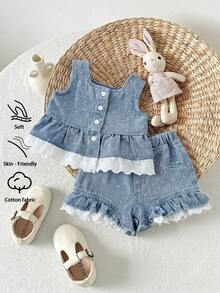 SHEIN Playful Pals 两件套婴幼儿女童休闲牛仔套装，蕾丝边饰，无袖上衣搭配松紧腰短裤，采用柔软棉质牛仔面料，适合夏季、度假、日常穿着、派对、上学等场合。 - 中等水洗藍 - 查看 1