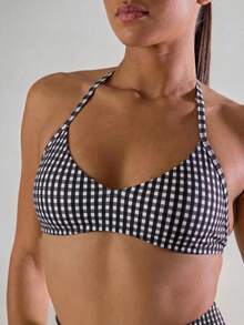 Musera Sport Solid Ruched Bust Open Back Halter Sports Bra, Active Comfy Workout Gym Running Run Club,Padel, Tennis, Pickleball Gym Fitness - Black and White - View 4