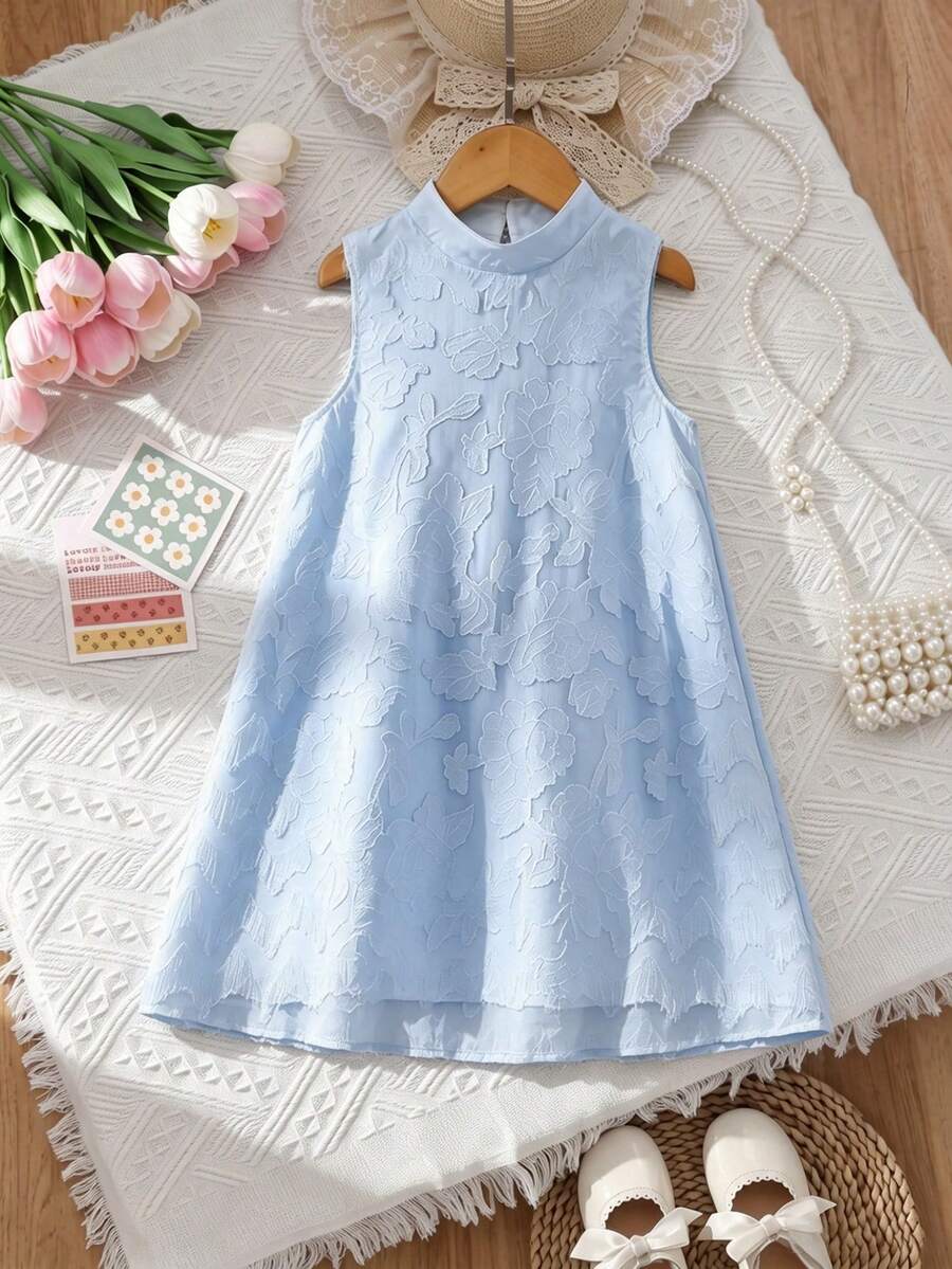 SHEIN 少女优雅无袖连衣裙,夏季连衣裙,适合日常外出、度假、生日派对等场合 - 藍色 - 查看 1