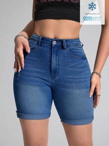 SHEIN Essnce Women's Pocket Skinny Casual Versatile Denim Shorts - Medium Wash - View 3