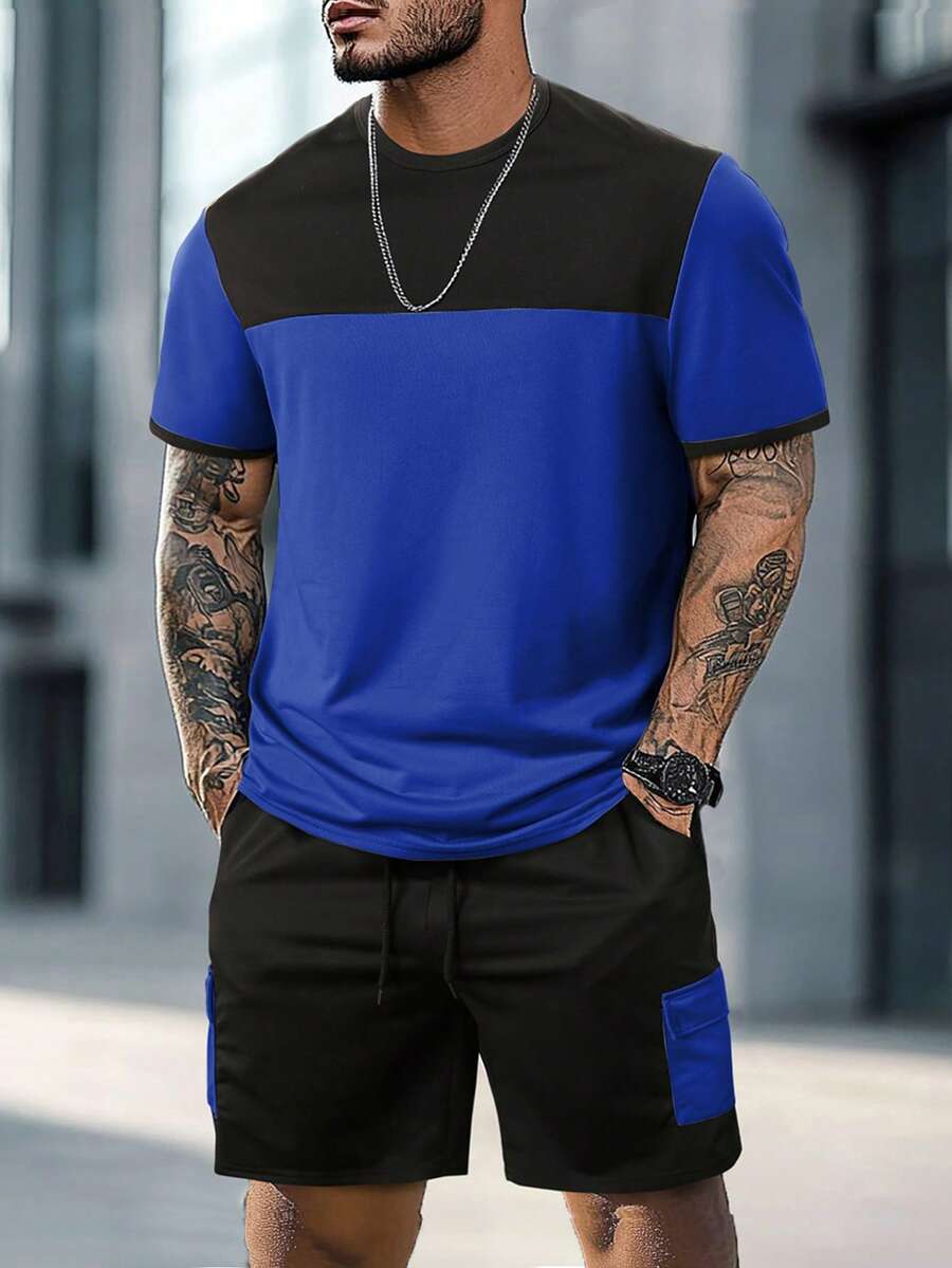 Manfinity Homme Men's Athleisure Colorblock Round Neck Short Sleeve Tee And Track Shorts Co-Ords - Royal Blue - View 1