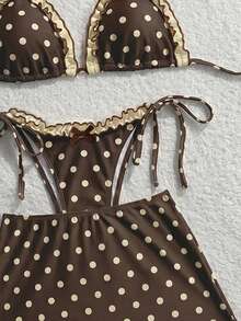 Swim Mod Polka Dot Print Spaghetti Strap Halter Bikini Top With Tie Side Bottoms And Mini Skirt 3-Piece Swimwear Set - Multicolor - View 5