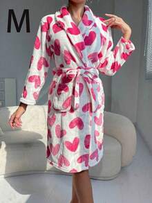 SHEIN 1 件女士浴袍，欧盟和美国简约风格长袖睡衣，粉色心形印花，秋季/春季，圣诞节，温暖法兰绒珊瑚绒，适合学生，韩式夏季，度假家居浴室装饰返校 - 白色 - 查看 9
