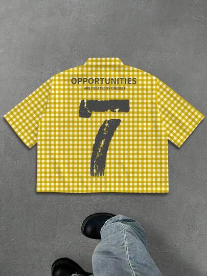 Manfinity EMRG Men's Yellow & White Plaid Short Sleeve Button-Down Shirt, Casual Street Camping Collar Top, Distressed Numeral 7 & Slogan Print Loose Fit Button-Up Cardigan, Men's Casual Yellow & White Plaid Shirt