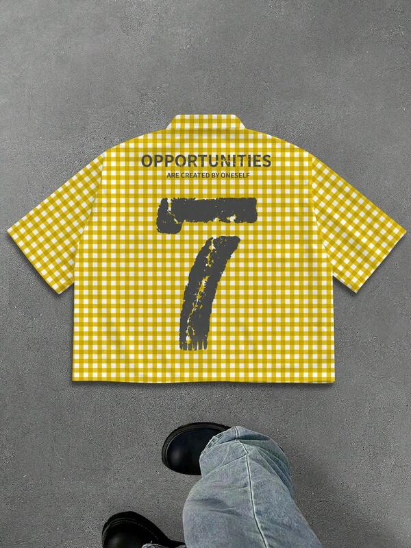 Manfinity EMRG Men's Yellow & White Plaid Short Sleeve Button-Down Shirt, Casual Street Camping Collar Top, Distressed Numeral 7 & Slogan Print Loose Fit Button-Up Cardigan, Men's Casual Yellow & White Plaid Shirt