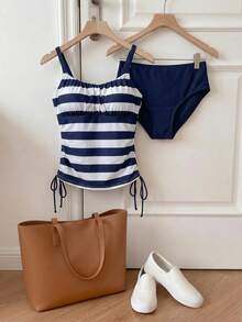 Resyla 2pcs/Set Women's Navy Striped Print Tankini Top And Triangle Bottoms Swimsuit, Beach Vacation Summer - Blue and White - View 4
