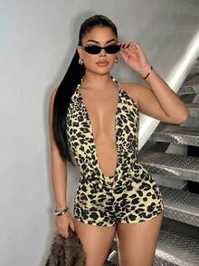 SHEIN SXY 性感動物印花掛脖上衣與超短褲多色套裝 - 彩色 - 查看 4