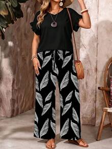 EMERY ROSE Plus Size Women Solid Color Short Sleeve Top And Botanical Print Wide Leg Pants Casual Alternative 2 Pieces Set Summer Outfit Vacation Black And White - Multicolor - View 1