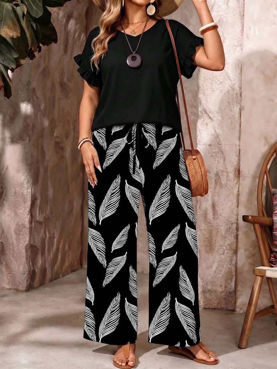 EMERY ROSE Plus Size Women Solid Color Short Sleeve Top And Botanical Print Wide Leg Pants Casual Alternative 2 Pieces Set Summer Outfit Vacation Black And White - Multicolor - View 1