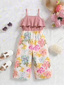 SHEIN Bộ áo liền quần không tay in hoa dễ thương cho bé gái, thích hợp cho mùa hè. - Hồng - Xem 1