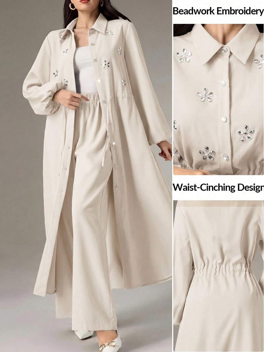 Modelyn Women's Rhinestone Decor Drawstring Waist Long Sleeve Long Shirt And Pants Casual 2-Piece Set - Apricot - View 1