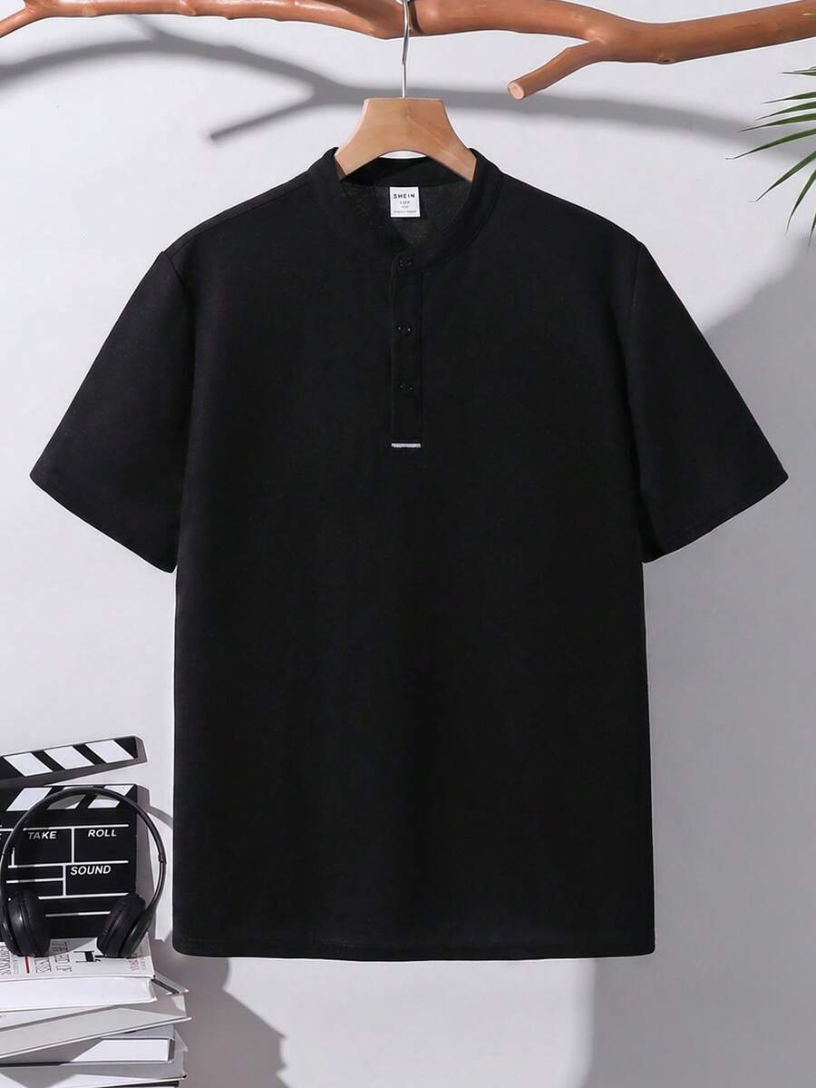 SHEIN 青少年男童休闲条纹撞色针织宽松 Polo 衫 - 黑色 - 查看 1