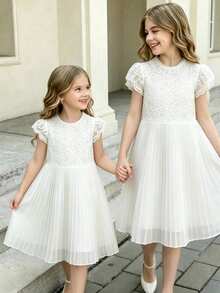 SHEIN Glamorique Kids 1pc Girls Lace Hollow Princess Dress, French Chiffon Fabric, Suitable For Party Dressing And Summer Wear - Apricot - View 7