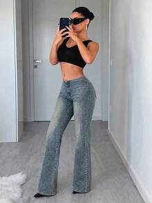 Jeanoix Quần jeans ống đứng denim wash dành cho nữ, kiểu dáng thường ngày, đa năng, thích hợp mặc hàng ngày. - Rửa tối - Xem 5
