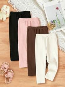 SHEIN Playful Pals 4件組女童純色鬆緊腰褲，嬰兒下身套裝，4色組合（粉色、白色、卡其色、黑色），春夏款，舒適好穿，時尚女孩套裝，休閒穿搭，兒童花卉圖案，新風格，Chill Chill，春季氛圍夏日度假 - 彩色 - 查看 2