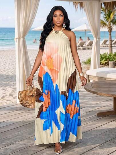 SOLERSUN Women's Plus Size Beige Summer Tropical Vacation Holiday Halter Neck Folded Rose Metal Buckle Long Dress,Gradient Large Petal Print Beach Maxi Dress