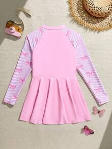 SHEIN Áo tắm liền thân nửa khóa kéo, nơ, kẻ sọc, dành cho bé gái tuổi teen đi nghỉ mát ở bãi biển. - Hồng - Xem 2