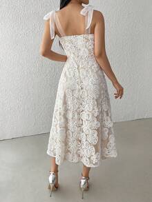 Vestido de playa de largo medio con estampado jacquard, tirantes con lazo y estilo de vacaciones para mujer, color blanco - Albaricoque - Ver 2