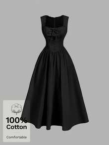 SHEIN MOD Yellow Cotton Button Trim Square Collar Dress - Black - View 3