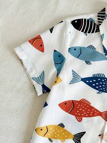 Young Boy Casual Minimalist Cartoon Pattern Collared Cardigan Shirt, Suitable For Summer - Multicolor - View 6