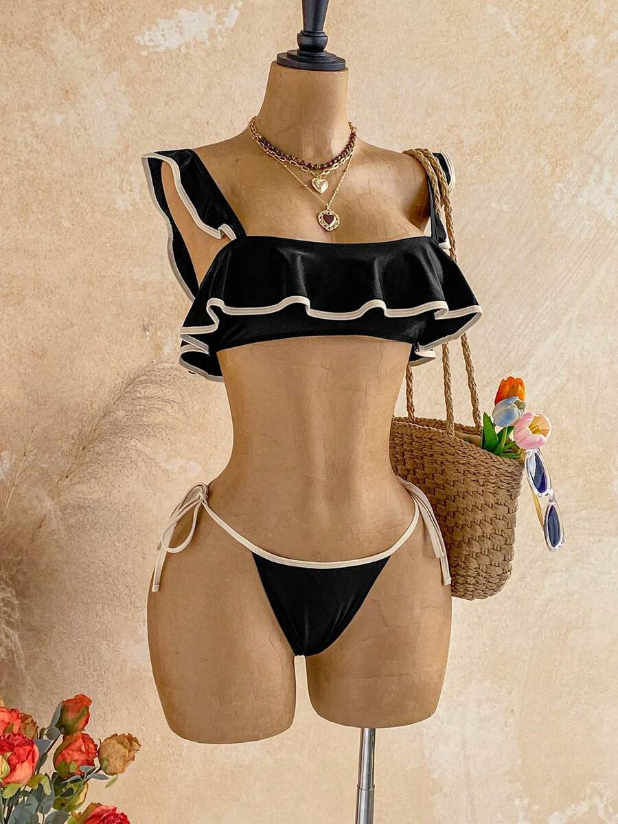 Soleia Contrast Color Trim Square Neck Ruffle Trim Bikini Set - Black - View 1
