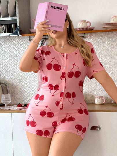 Slumberry CURVE Bộ đồ ngủ liền thân cỡ lớn với họa tiết nơ tương phản dễ thương, chất liệu dệt kim ôm sát.