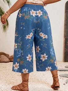 SHEIN VCAY Plus Size Women Casual Denim Effect Print Loose 3/4 Pants - Blue - View 2