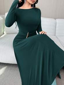 Modelyn 女款純色抓皺腰部優雅成熟中長洋裝，適合派對、晚餐、酒吧及各種場合，深綠色，秋季婚禮適用 - 水鴨藍 - 查看 6
