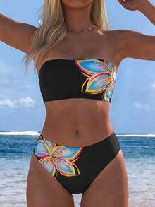 SHEIN Swim 女款印花素色優雅甜美性感平口高衩兩件式泳衣套裝 - 黑色 - 查看 1