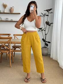 Enliva Plus-Size Women's Summer Casual Cropped Trousers, With Pockets, Suitable For Vacations, Outings, Commuting, And Many Other Occasions. Fall - Yellow - View 4