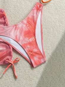 Soleia Bộ bikini hai dây buộc cổ và váy che ngoài in hoa dành cho nữ, thích hợp cho kỳ nghỉ biển. - Màu Hồng  San hô - Xem 6
