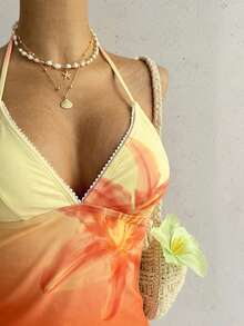 Soleia Women's Summer Beach Floral Print Halter Tie Tankini And Triangle Tankini Swimwear Set - Orange - View 5